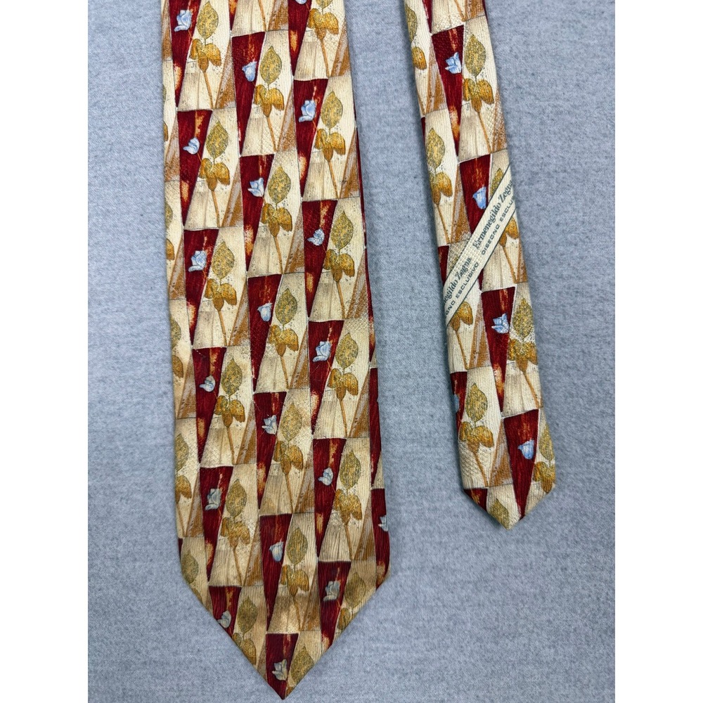 Ermenegildo Zegna Silk Tie Burgundy Gold Geometric Floral Leaf Italy